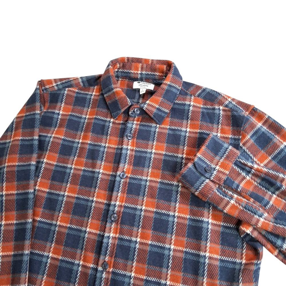 Sperry Mens Button Down Shirt Large Blue Orange Plaid Stretch Premium Flannel